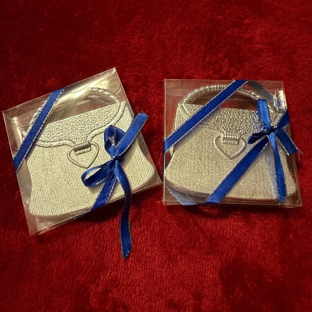 Set of 2 Silver Purse‎ Shaped Compact Mirrors Wedding Bridal Shower Favors Boxed